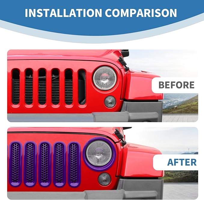 for Jeep JK Front Grille Inserts & Headlight Cover Trim Ring for Jeep Wrangler JK JKU 2007-2017 Purple Exterior Accessories 9pcs