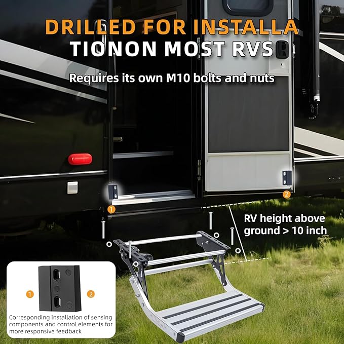 Electric Retractable RV Steps with LED Lighting, 400 LBS Load Capacity, Foldable Aluminum Alloy Camper Steps, Thickened Steel Plate Trailer Steps, Non-Slip Design, Ideal for RV, Trailer, Camper