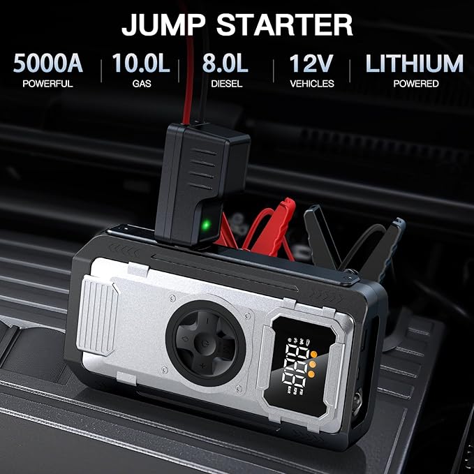 Portable Car Jump Starter with Air Compressor,5000A 150PSI Car Battery Jump Starter (10.0L Gas/8.0L Diesel Engines),12V Pack Jump Box with Large Digital Display