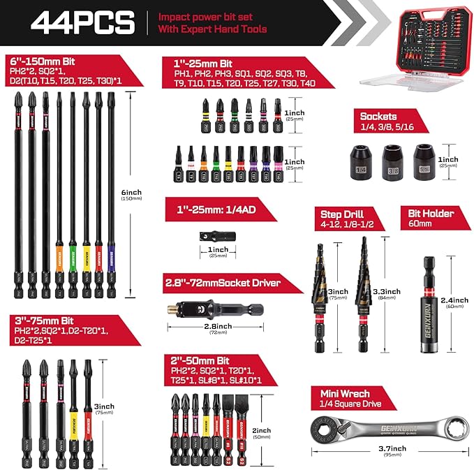 44Pcs Tools Set Packaged Impact Screwdriver Bits,Ratchet Wrench, Socket Driver, Sockets, Step Drill, 1/4”Socket Adapter and Impact Bit Holder with Tool Box Storage for Home Repairs, DIY