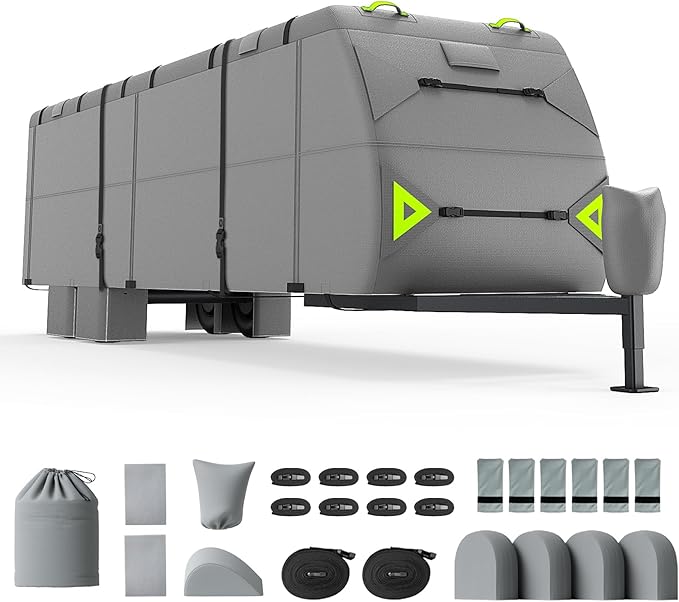 RV Cover 16-18ft: 7 Layers Travel Trailer Cover, Waterproof Camper Cover, Toy Hauler Cover with Tongue Jack Cover, Tear Resistant Waterproof Motohome Trailer Cover