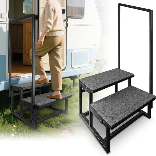 2-Step RV Steps with Handrail, Assist Handle with Anti-Slip Mat & Base Support, Portable Stairs for Elderly, Hot Tub, Camper, Mobility Aid Step Stool