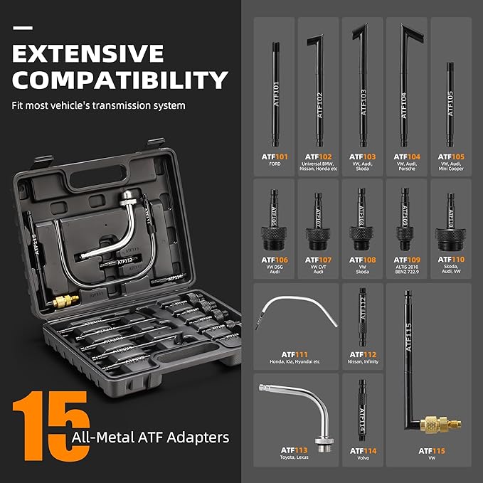 FOUR UNCLES 10L Transmission Fluid Pump - Pneumatic Transmission Fluid Extractor and Dispenser with 15 Metal ATF Adapters and Pressure Gauge for Automotive Use, Transmission Fluid Transfer Pump Kit