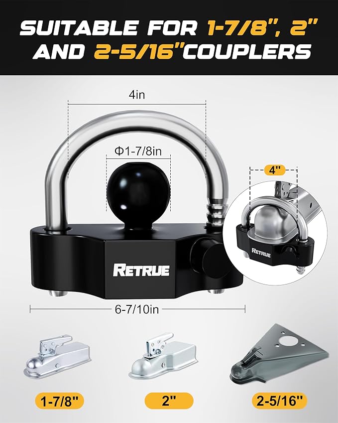 RETRUE Keyed Alike Heavy Duty Coupler Lock Set Trailer Lock Kit Include Universal Coupler Lock & Trailer Tongue Coupler Lock All Black Set