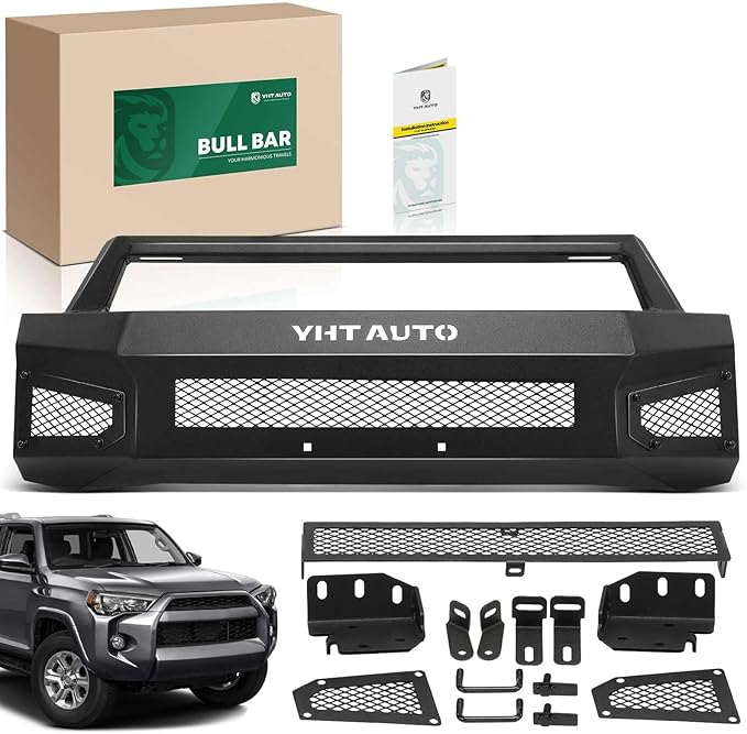 YHTAUTO Bull Bar Push Bar with Skid Plate Light Mount Fit Toyota 4Runner 2014-2024, Heavy Duty Steel Brush Guard for Truck Front Bumper w/o Winch Frame Textured Black Off Road Accessories