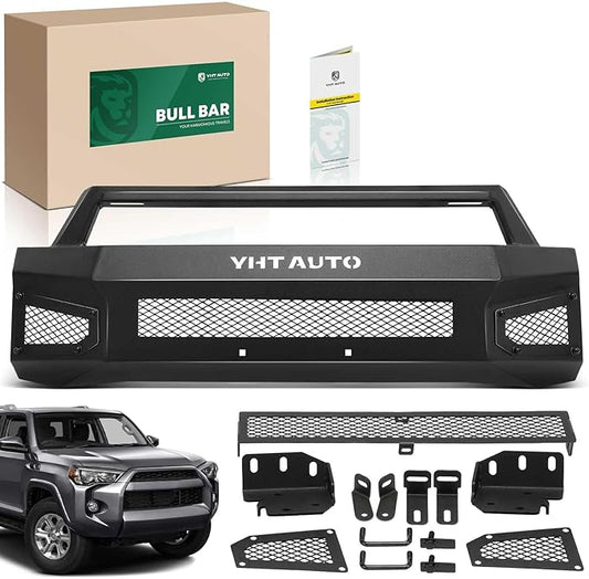 YHTAUTO Bull Bar Push Bar with Skid Plate Light Mount Fit Toyota 4Runner 2014-2024, Heavy Duty Steel Brush Guard for Truck Front Bumper w/o Winch Frame Textured Black Off Road Accessories