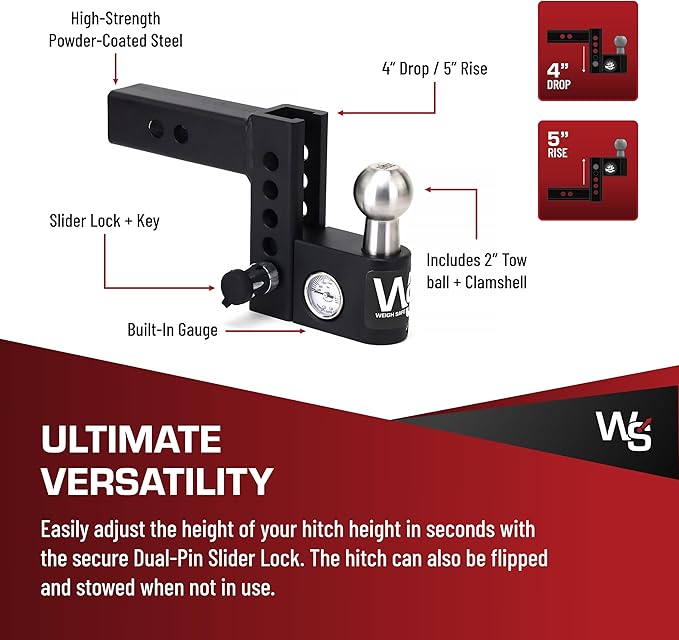 Weigh Safe Aero Hitch - Adjustable Trailer Hitch Ball Mount - 4" Drop Hitch for 2" Receiver - Premium Heavy Duty Steel Trailer Tow Hitch w/Built in Weight Scale for Anti Sway, 12,500 lbs GTW