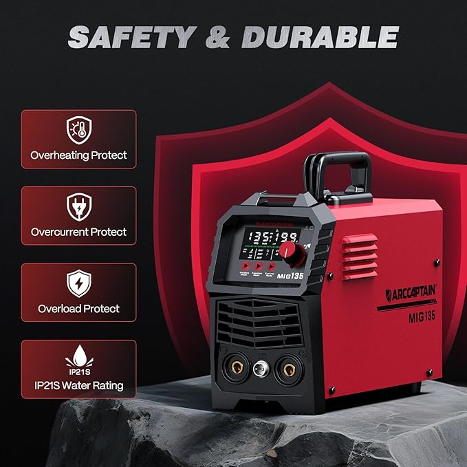 ARCCAPTAIN 135A MIG Welder, 2025 Newest [Large LED Display] 110V Welder Flux Core MIG, Lift TIG, Stick, 3 in 1 Welding Machine Gasless MIG Welder Machine 110V, IGBT Inverter Welder with Synergy, 2T/4T