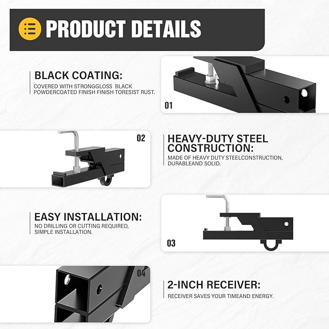 Tow Hitch 2 Inch, Clamp-On Tractor Bucket Hook Receiver Adapter Quick Attach Receiver Chain Hook for Lifting and Carrying Ring, 1100 LB Towing Capacity, Compatible with 2" Front Bucket Lips