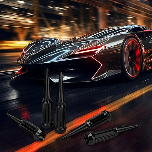 1/2‘’-20 Spike Lug Nuts, Set of 24 Black Spline Spiked Lug Nut with Key for Chevrolet Silverado 1500, Ford F-150 1997-2024, Dodge Ram 1500 1994-2024, Toyota Tacoma 1995-2024