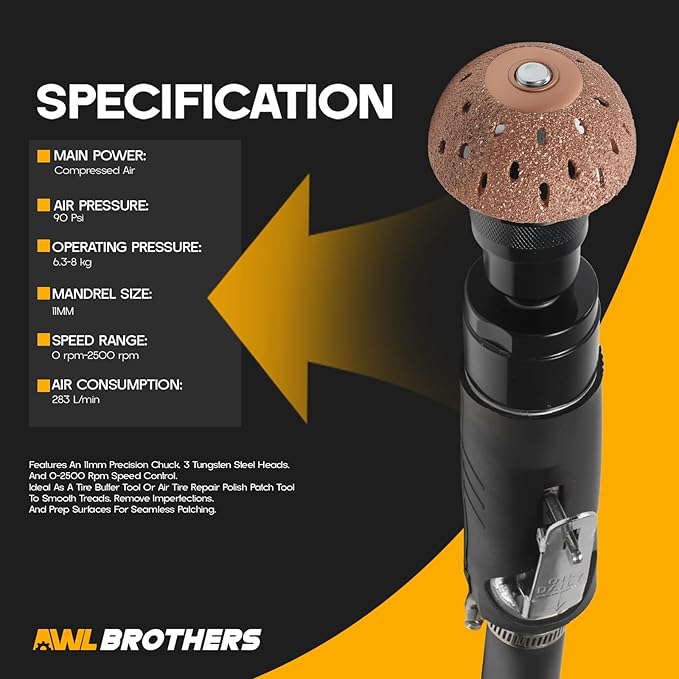 Air Tire Repair Polish Patch Tools – 2500 RPM Low-Speed Tire Buffer with Tungsten Steel Buffing Wheel, Inner Liner Scraper, Patch Roller – Durable Tungsten Alloy Grinder for Tire & Rubber Maintenance