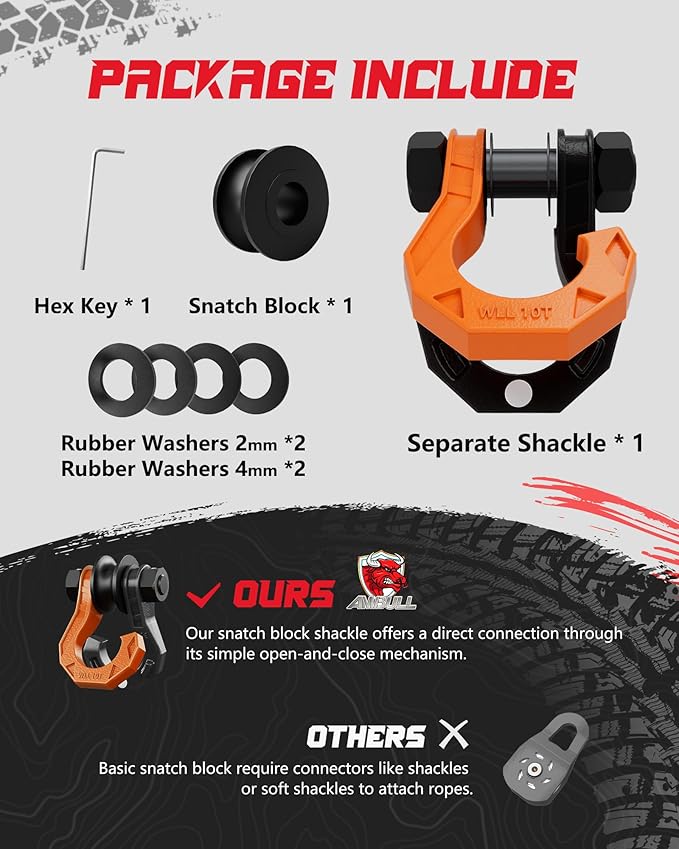 D Ring Separate Shackle with Snatch Block, 3/4" Shackles w/Snatch Block Pulley, Heavy Duty Shackle for Towing Winch, Pulley for Off-Road Vehicle Recovery, Truck, ATV, UTV, BlackOrange