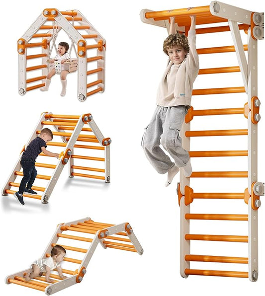 Toddler Climbing Toys,Kids Pikler Triangle Set,Montessori Indoor Play Gym,Multifunction Foldable Indoor Climbing Gym for Kids(Orange)