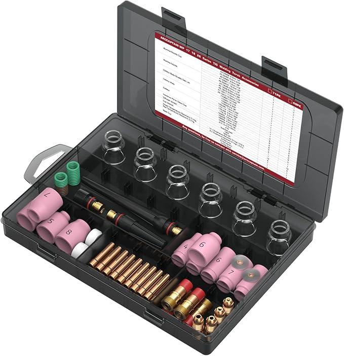 ARCCAPTAIN TIG Welding Torch Accessories kit 71 Pcs Alumina Nozzle Collets Body Stubby Gas Lens #12 Glass Cup consumables Kit For WP-17/18/26-Black