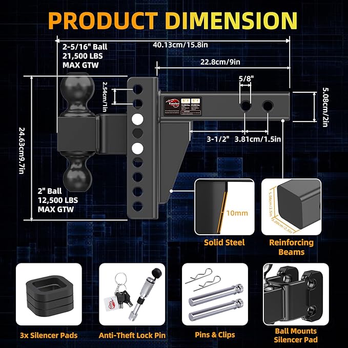 Adjustable Trailer Hitch -Drop Hitch (Fits 2-Inch Receiver) -6" Drop/Rise Tow Hitch, 2" & 2-5/16" Ball Hitches for Trucks -21,500 GTW Hitch Ball Mount with Anti-Theft Locking Hitch Pins
