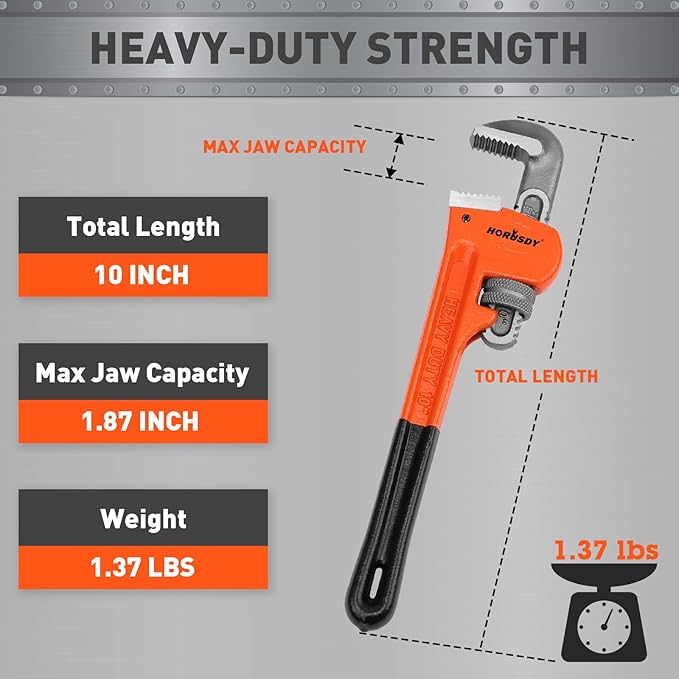 HORUSDY 10-Inch Heavy Duty Straight Pipe Wrench, Quick-Adjust Sturdy Plumbers Wrench with Soft Grip Handle, Straight Jaw Plumbing Tool for Pipe, Household Use, Vehicle Repair