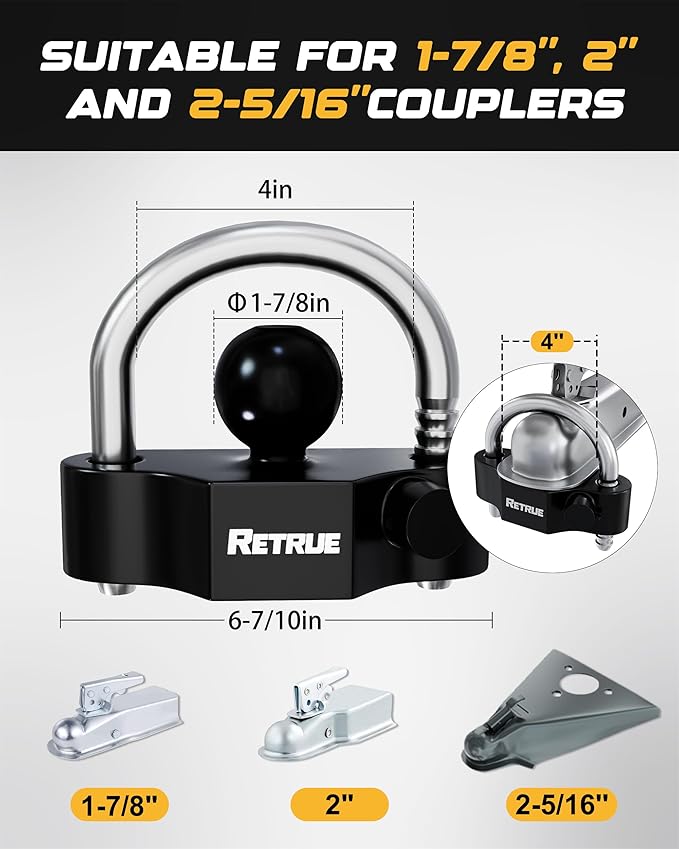 RETRUE Heavy-Duty Keyed-Alike Trailer Lock Set - Universal Coupler, Dual Hitch Receiver Pin, and Trailer Tongue Locks Included, Black