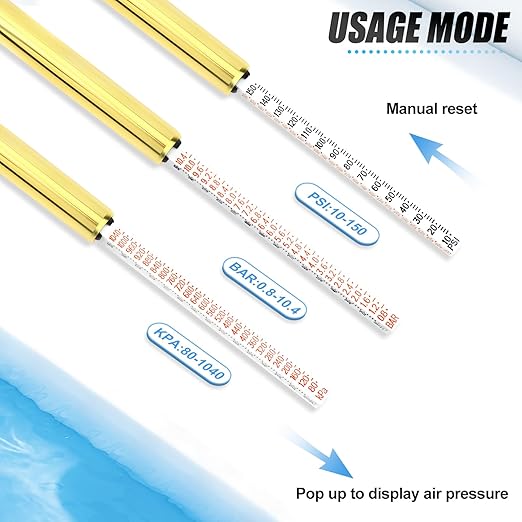 MEANLIN MEASURE 10PCS Gold Double Straight Type Tire Pressure Gauge, Dual Head Air Pressure Gauge, Pressure Range 10-150 Psi (Suitable for Trucks, etc.)