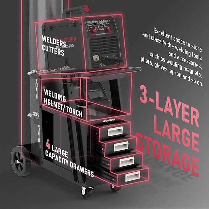 YESWELDER Welding Cart with 4 Drawers for MIG Welder TIG Welder and Plasma Cutter, Heavy Duty Large Storage 360° Rolling Welding Trolley