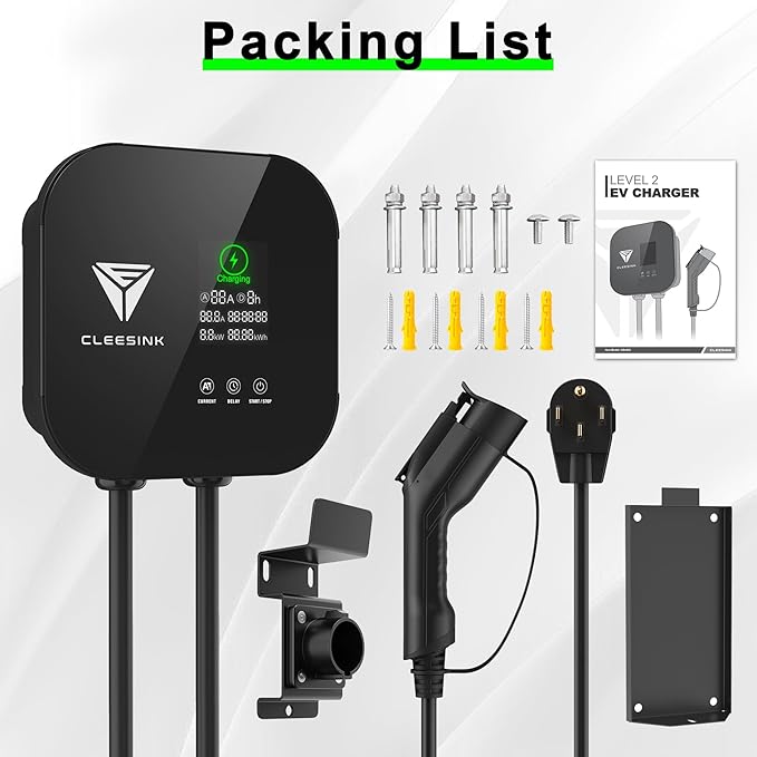 CLEESINK Level 2 EV Charger, 40A 240V Indoor/Outdoor Electric Vehicle Charging Station, NEMA 14-50, 23ft Cable UL Listed Home Electric Car Universal Wall Charger EVSE, Settable Amps & Time, Black