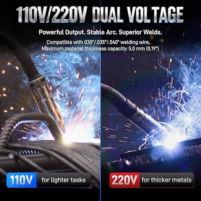 ANDELI 135A MIG Welder,110V/220V [Large LED Display] 3-in-1 Welder Flux Core MIG/Lift Tig/Stick Multiprocess Gasless MIG Welding Machine with Synergy，2T/4T Full Kit (Bonus Welding Helmet & Gloves)