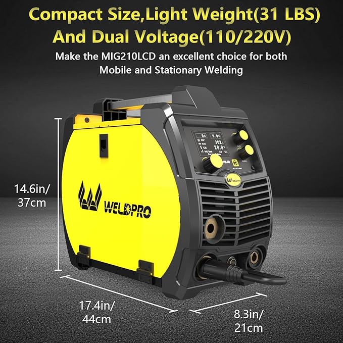 Weldpro 200A MIG Welder, 110V/220V Flux Core MIG Welder/MMA/TIG/Stick 5 in 1 Welding Machine with Spot Timer, IGBT Inverter Portable Gasless Welder Equipment, Aluminum Spool Gun Compatible
