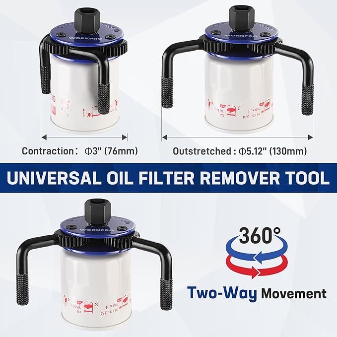 WORKPRO Magnetic Adjustable Oil Filter Wrench, Universal 3-Jaw Removal Tool 3"–5" (76–130mm), Auto Lock Design, Heavy Duty Oil Filter Wrench for Car, Truck, SUV, Motorcycle Oil Changes