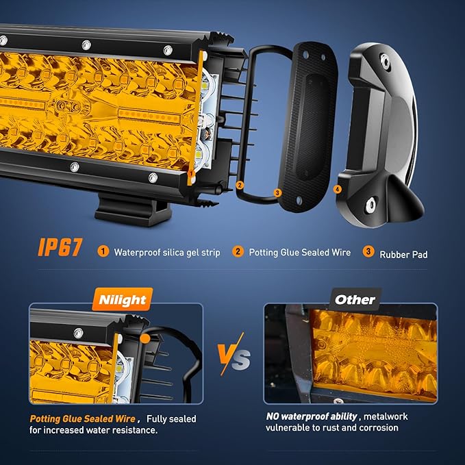 Nilight Led Light Bar 2PCS 6.5 Inch Amber 120W Spot Flood Combo Waterproof Triple Rows Off Road Fog Lights with 12V 5Pin Rocker Switch Wiring Harness Kit-2 Lead, 2 Year Warranty (ZH704)
