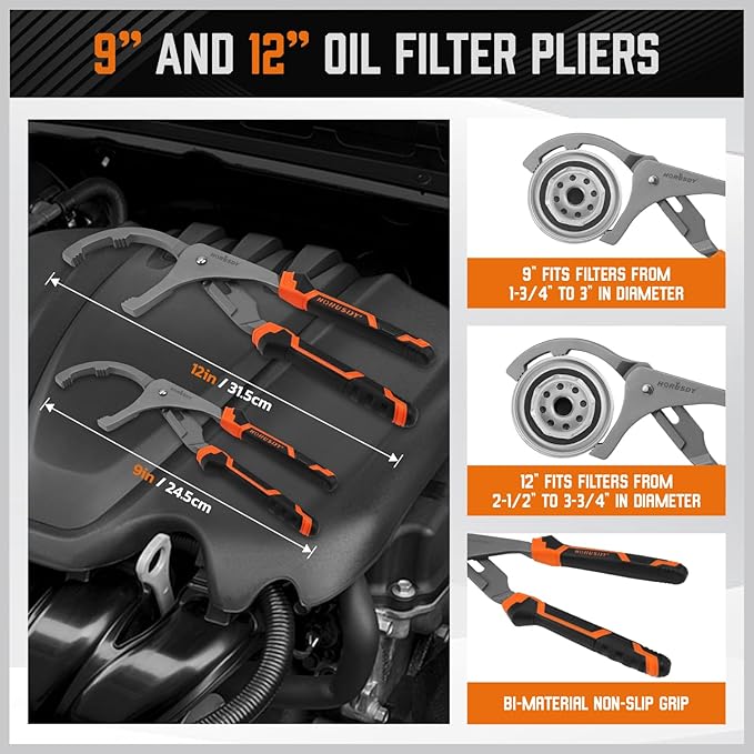 HORUSDY 11-Piece Oil Filter Wrench Set with Storage Case - Swivel Wrenches Fit 2-3/4" to 5-1/4", Adjustable Filter Pliers (9" & 12"), Valve Lapper Set, 3-Jaw Socket, Ratchet Handle for Garage, Repair