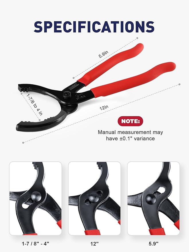 SMART JERRY - Adjustable Oil Filter Wrench | Universal Oil Filter Removal Tool | Small Fuel Filter Pliers | Fit Diameter 1/7/8 to 4 Inch Filters