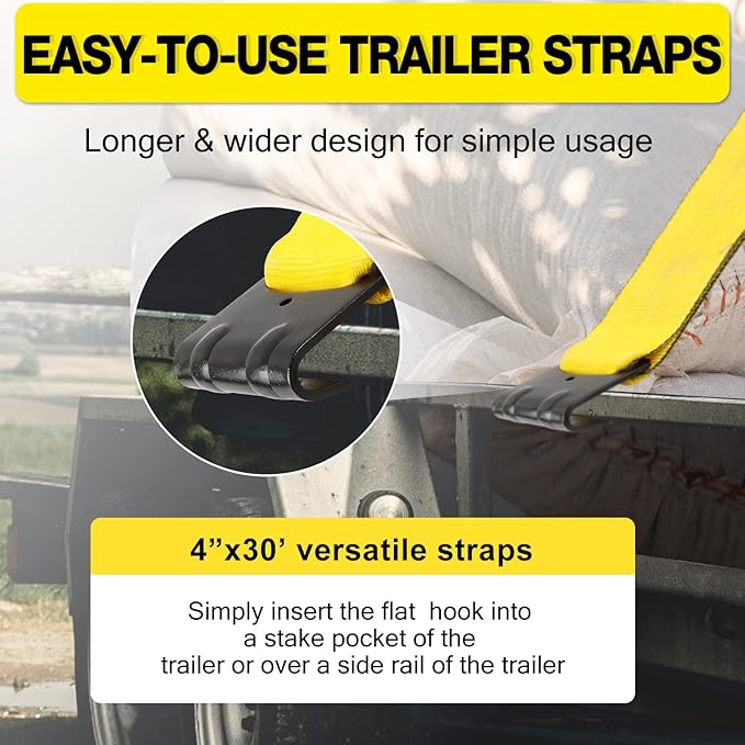 4" x30' Winch Straps with Flat Hook Flatbed Tie Downs Truck Straps 5,400lbs Load Capacity Cargo Control for Flatbeds, Trucks, Trailers, Farms, Rescues, Tree Saver, Yellow(10 Pack)