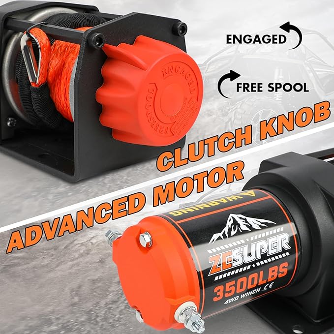 ZESUPER 3500 lb Waterproof Winch Electric Winch Kit, ATV UTV Trailer Winch 12V with Synthetic Winch Rope,Hawse Fairlead,Wireless Remote Handheld Remote Control,Mounting Plate