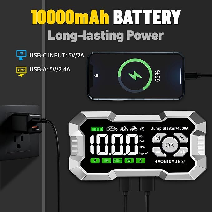 Car Jump Starter with Air Compressor,4000A Car Battery Jump Starter,150PSI Portable Tire Inflator,12V Jump Box Battery Pack (8L Gas 6L Diesel Engine) Car Battery Charger,LED Light,and Jumper Cables