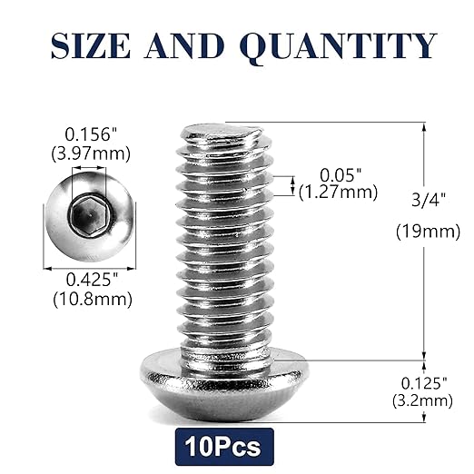 1/4-20 x 3/4" Button Head Socket Cap Bolts Screws, 10Pcs 304 Stainless Steel 18-8, Allen Hex Drive, Bright Finish by SG TZH(with Hex Spanner)