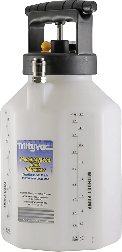 Mityvac MV6400 Fluid Dispensing System for Filling or Topping Fluids, 1.2 Gallon Reservoir, Manual Pump, Pressure Gauge and Relief Valve, Auto-shutoff Valves, 5' Hose with Flow Control Valve