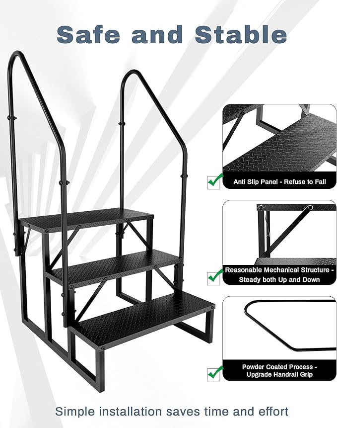 RV Steps with 2 Handrails｜3 Step RV Stairs with Handrail｜Update 3.0 Outdoor RV Ladders with Anti-Slip Pedals｜Mobile Home Stairs for Travel Trailers｜Heavy Duty Hot Tub Steps for Porch, Spa