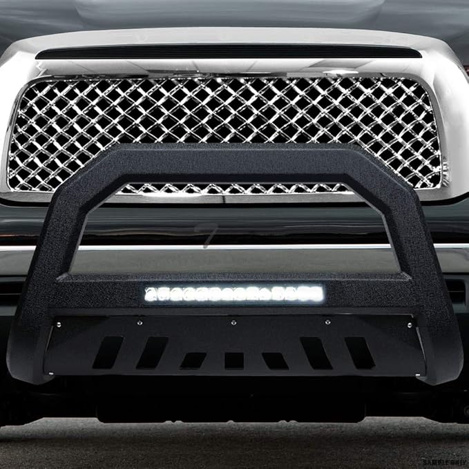 Textured Black AVT Style Aluminum LED Light Bull Bar Brush Push Front Bumper Grill Grille Guard with Skid Plate Compatible with 05-07 Jeep Grand Cherokee / 06-10 Commander