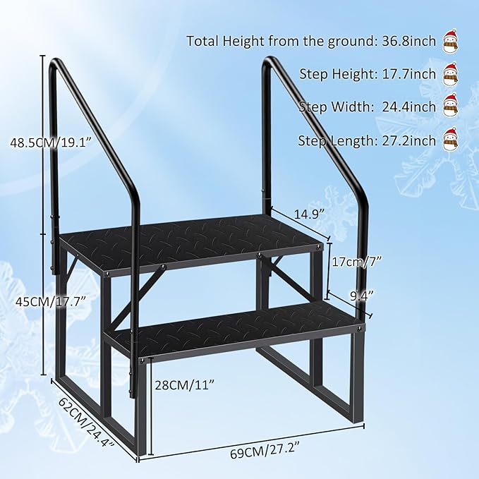 RV Steps with 2 Handrails, 2 Step RV Stairs 660lbs Load Capacity, Heavy Duty Camper Steps with Wide & Anti-Slip Platform, Portable Outdoor Metal Entry Stairs for Hot Tub, Mobile Home, Travel Trailers
