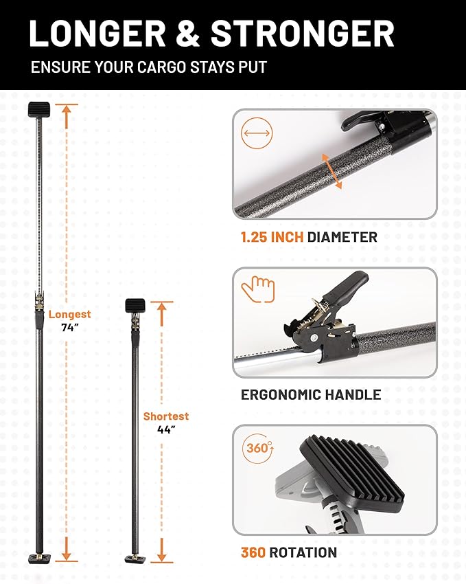 Strapinno - Ratcheting Cargo Bar 44"-74", Non-Slip Truck Bed Divider, Easy Setup, Strong 1.25" Tube, Adjustable Stabilizer for Pickup Trucks