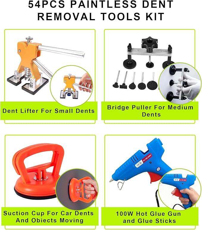 54pcs Dent Puller Kit,Car Dent Puller Kit,Paintless Dent Removal Kit,Dent Remover Tool For Car With Bridge Puller,Golden Lifter,Car Dent Repair Kit for Car Refrigerator Door Large & Small Dent Removal