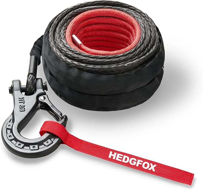 Black Synthetic Rope Winch Rope 3/8 inch x 80 feet, 24000lbs Winch Rope Cable Kit, Winch Line with Protective Sleeve for 4WD Road Vehicle Truck SUV Jeep