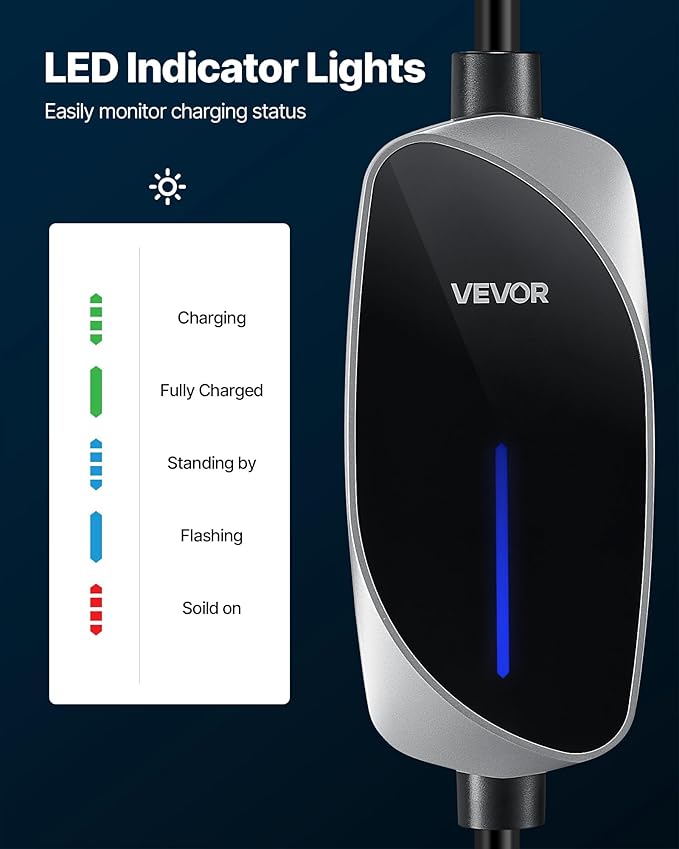 VEVOR Level 1&2 EV Charger, 16 Amp, Electric Vehicle Portable Charger with 25 ft Charging Cable, 120V-240V, NEMA 6-20P Plug NEMA 5-15 Adapter, LED Indicator, Home Car Charging Station for SAE J1772 EV