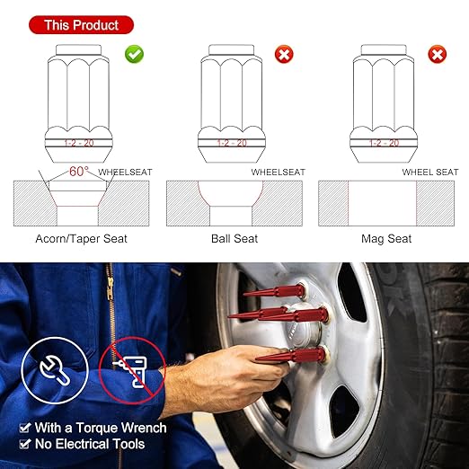 1/2‘’-20 Spike Lug Nuts, Set of 24 Red Spline Spiked Lug Nut with Key for Chevrolet Silverado 1500, Ford F-150 1997-2024, Dodge Ram 1500 1994-2024, Toyota Tacoma 1995-2024