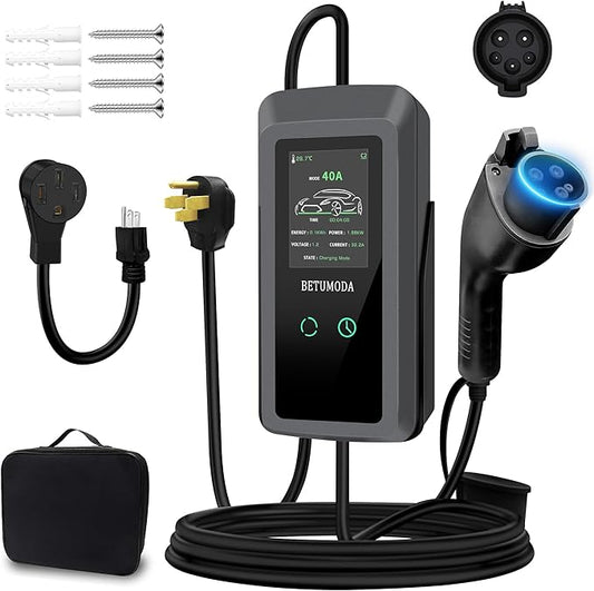 Portable Level 1&2 EV Charger, 40 A, 110V-240V, NEMA14-50 Plugand NEMA 5-15 Adapter, 25ft Cable, Adjustable Current, Delay Timer, Compatible with All J1772 Electric Cars(Tesla Need Adapter)