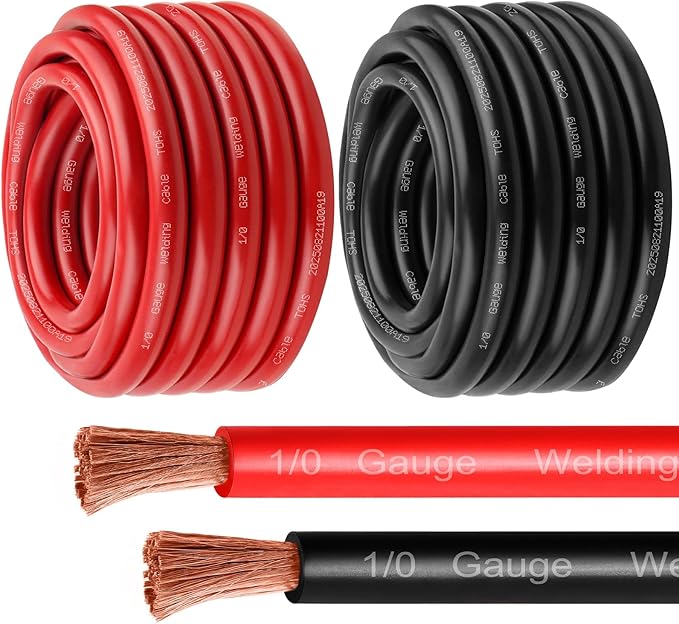 1/0 Gauge Battery Cable - 25FT Red + 25FT Black 1/0 AWG Welding Cable Flexible Stranded Oxygen-Free Pure Copper Wire for Automotive, Battery, Inverter, Solar, Marine and Generator