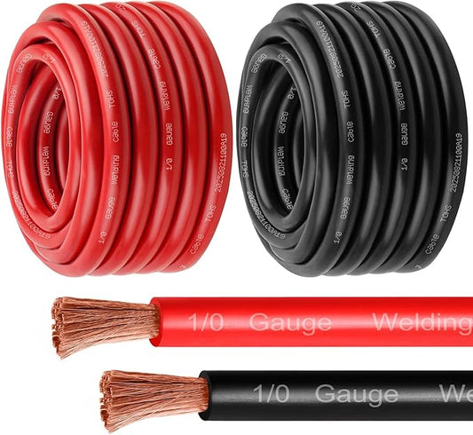 1/0 Gauge Battery Cable - 25FT Red + 25FT Black 1/0 AWG Welding Cable Flexible Stranded Oxygen-Free Pure Copper Wire for Automotive, Battery, Inverter, Solar, Marine and Generator