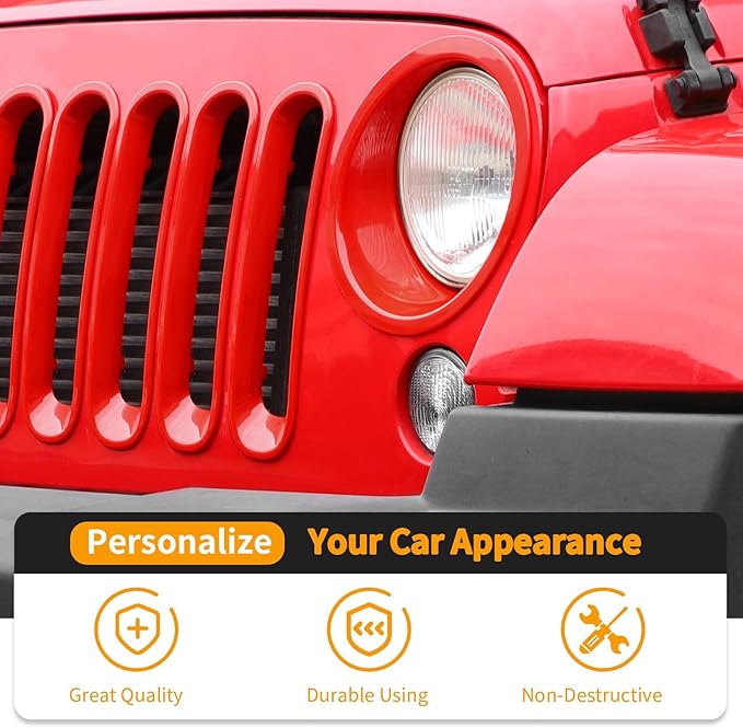 Hoolcar Front Grille Insert Cover & Headlight Bezel Cover Trim Fit for Jeep Wrangler JK JKU 2007-2017, Exterior Accessories, Red
