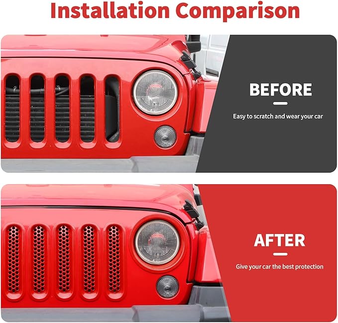Mesh Grille Grill Insert+Headlight Turn Light Cover Trim Fit for 2007-2018 Jeep Wrangler JK JKU(Red)
