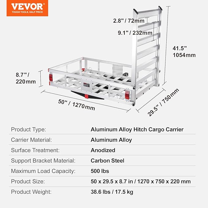 VEVOR 50 x 29.5 x 8.7 inch Hitch Cargo Carrier, 500lbs Capacity Trailer Hitch Mounted Cargo Basket, Aluminum Luggage Carrier Rack with Folding Ramp, Fits 2" Receiver for SUV Truck Pickup Camping