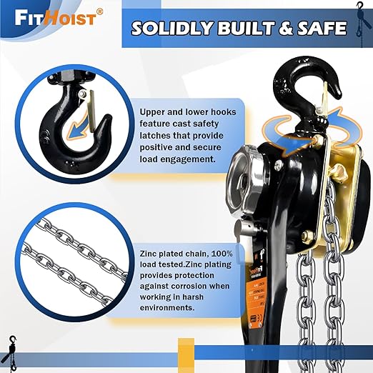 1 Ton Chain Hoist 2200LBS Capacity 10Ft Lift Manual Lever Chain Hoist Manganese Steel G80 Chain w/ 2 Heavy Duty Hooks, for Open-Air and Confined Space Lifting